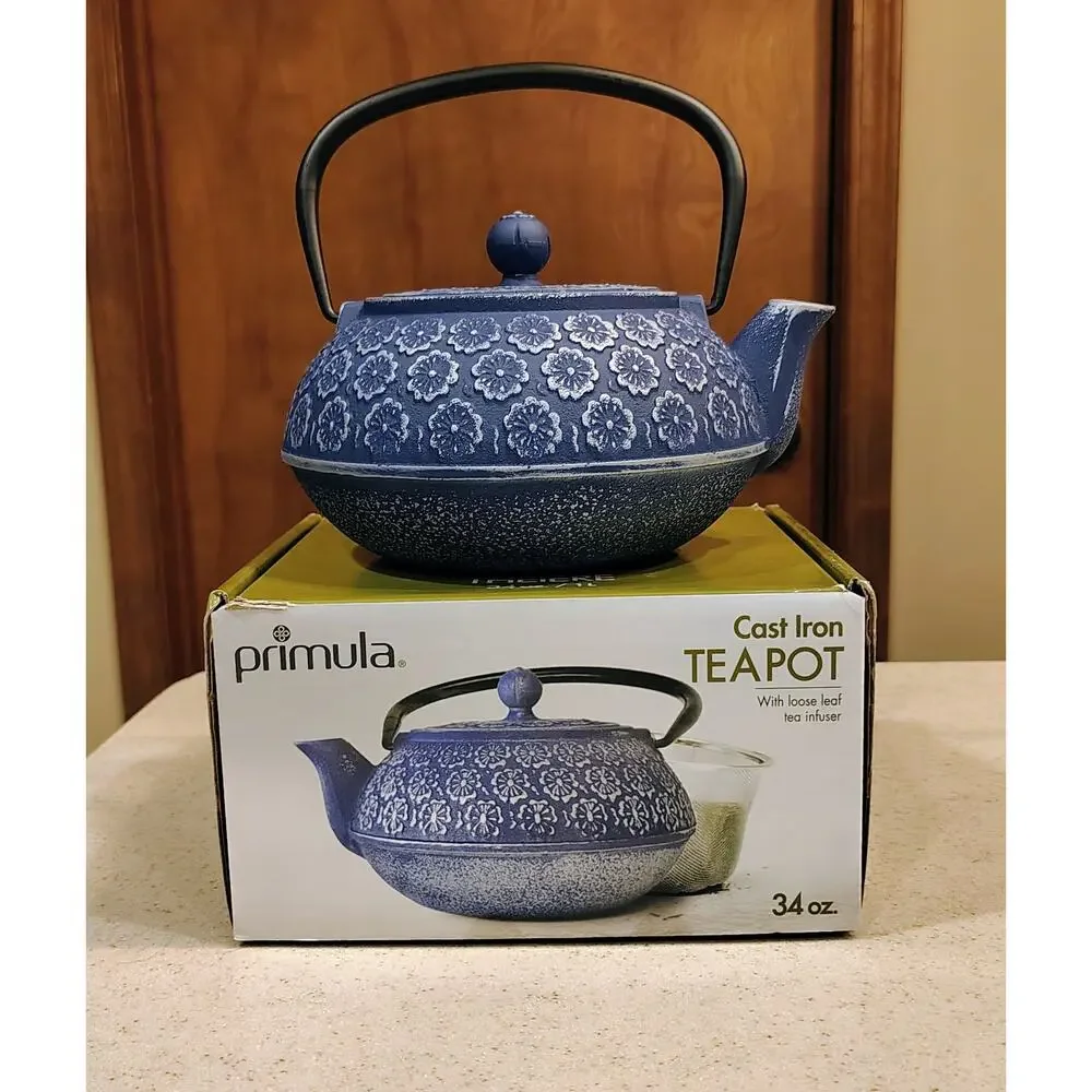 Primula 34oz Blue Cast Iron Teapot w/ Stainless Steel Mesh Infuser - New in Box